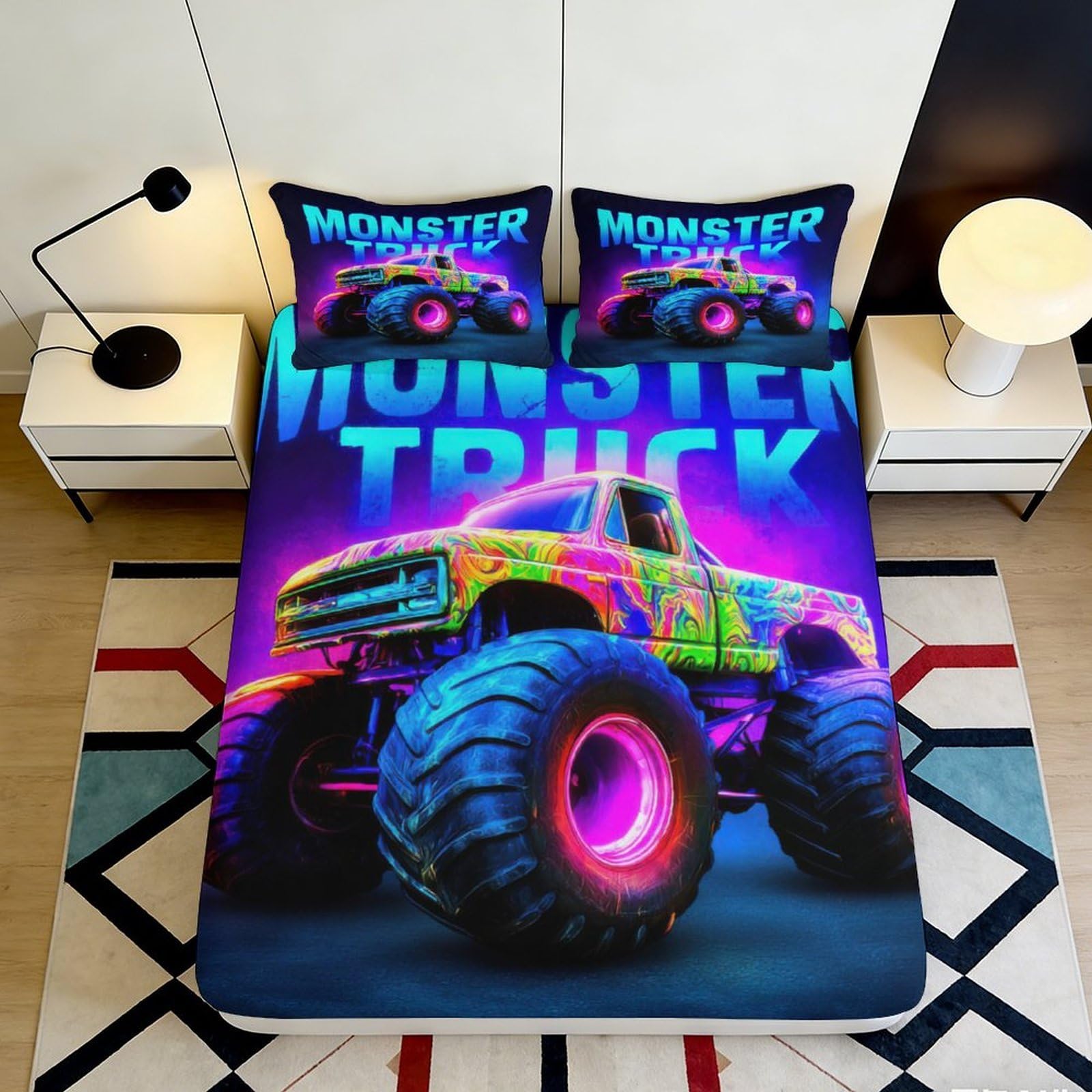 3D Printed Neon Monster Truck Fitted Sheet Microfiber Vibrant Graphic Bed Cover for Bedroom Dorm Mattress Decor 90x200x25cm