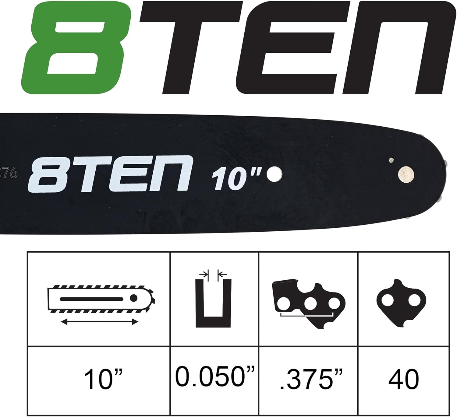 8TEN 10 Inch Chainsaw Guide Bar .050 3/8 40DL Chain for Echo CS-370 Husqvarna Makita Poulan Craftsmen Sun Joe Worx Laminated