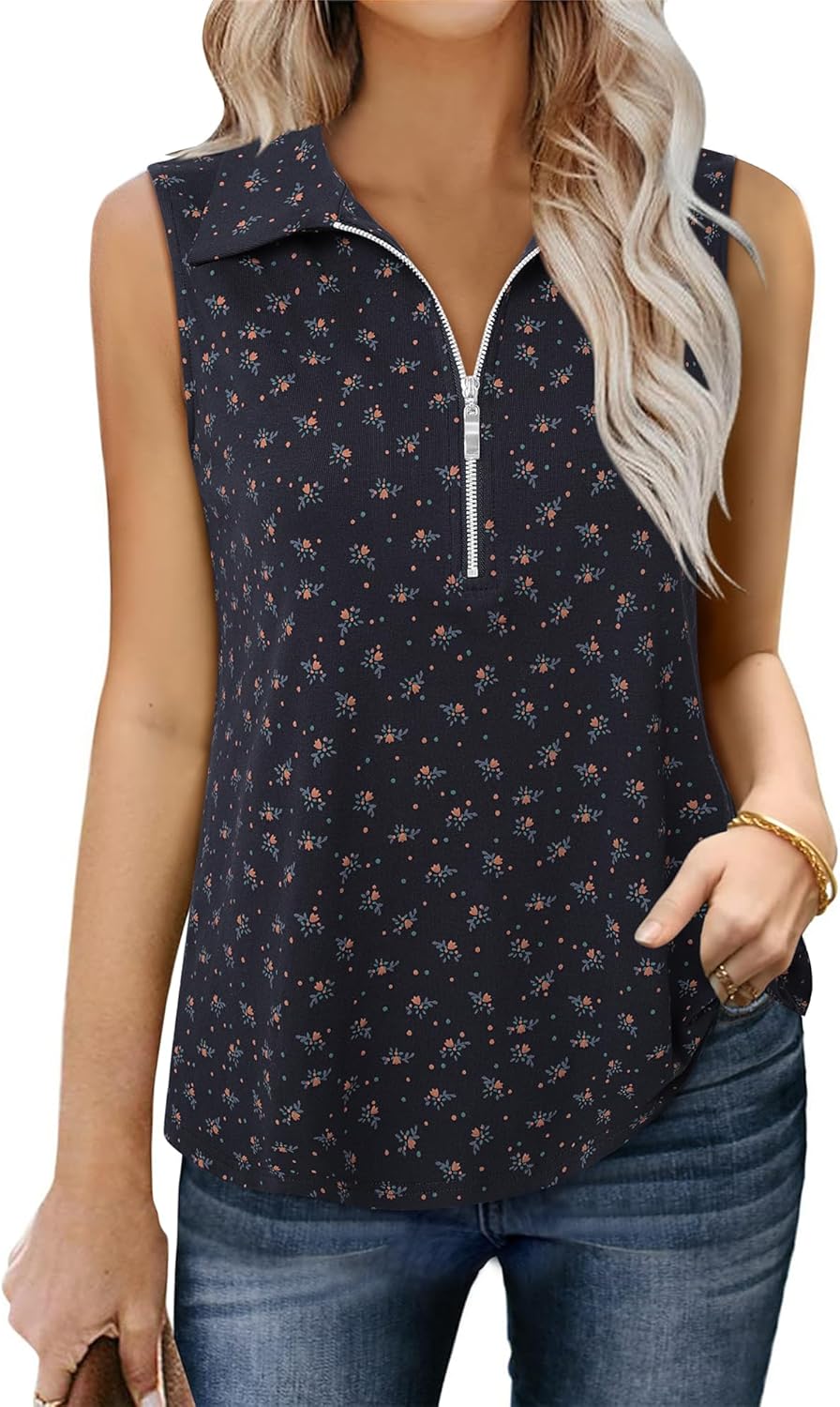 Vivilli Womens Ribbed Tank Top Zipper V Neck Dressy Casual Blouses Sleeveless Camisole Tops Work Tank Polo Shirts - Image 4