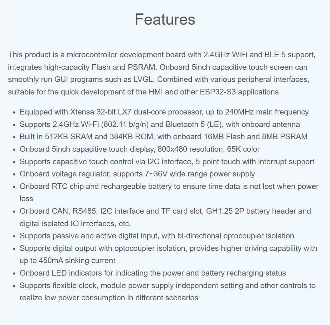 Amazon.co.jp: ESP32-S3 5インチ 静電容量式タッチ ディスプレイ開発ボード、800×480 解像度、32 ビット LX7  デュアルコア プロセッサ、オンボード アンテナ、最大 240MHz 周波数、Wi-Fi および BLE  をサポート、(ESP32-S3-Touch-LCD-5) : パソコン・周辺機器