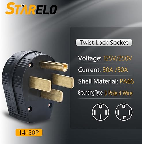Miniatura 2 de STARELO Enchufe de ángulo de 14-30P y 14-50P, 3050A 125250V 3 polos 4 cables, conexión a tierra, enchufe macho de 4 clavijas de hoja recta, enchufe