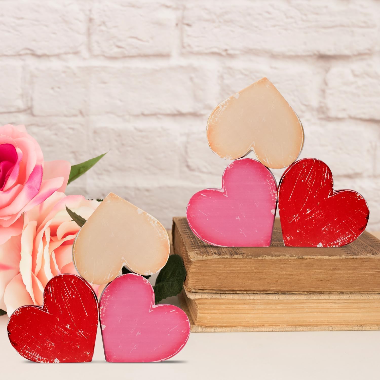 Quimoy Valentines Day Decorations,6 Pcs Rustic Wooden Heart Table Decor, Valentine Tiered Tray Decor, Romantic Valentines Table Decorations for Home Office Centerpiece Fireplace Farmhouse