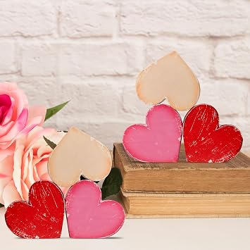 Quimoy Valentines Day Decorations,6 Pcs Rustic Wooden Heart Table Decor, Valentine Tiered Tray Decor, Romantic Valentines Table Decorations for Home Office Centerpiece Fireplace Farmhouse