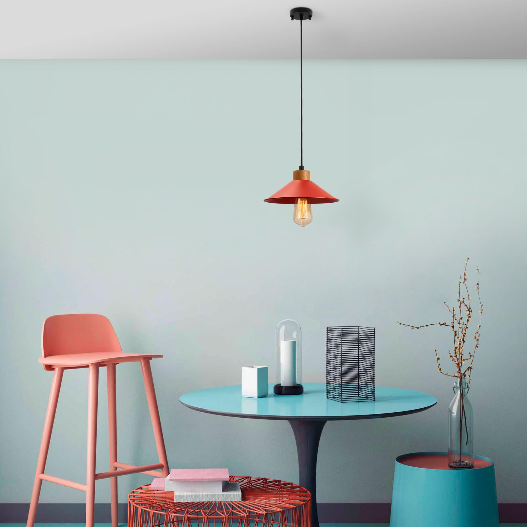 Chandelier rojo regulable en altura | Lámpara de salón para techo alto