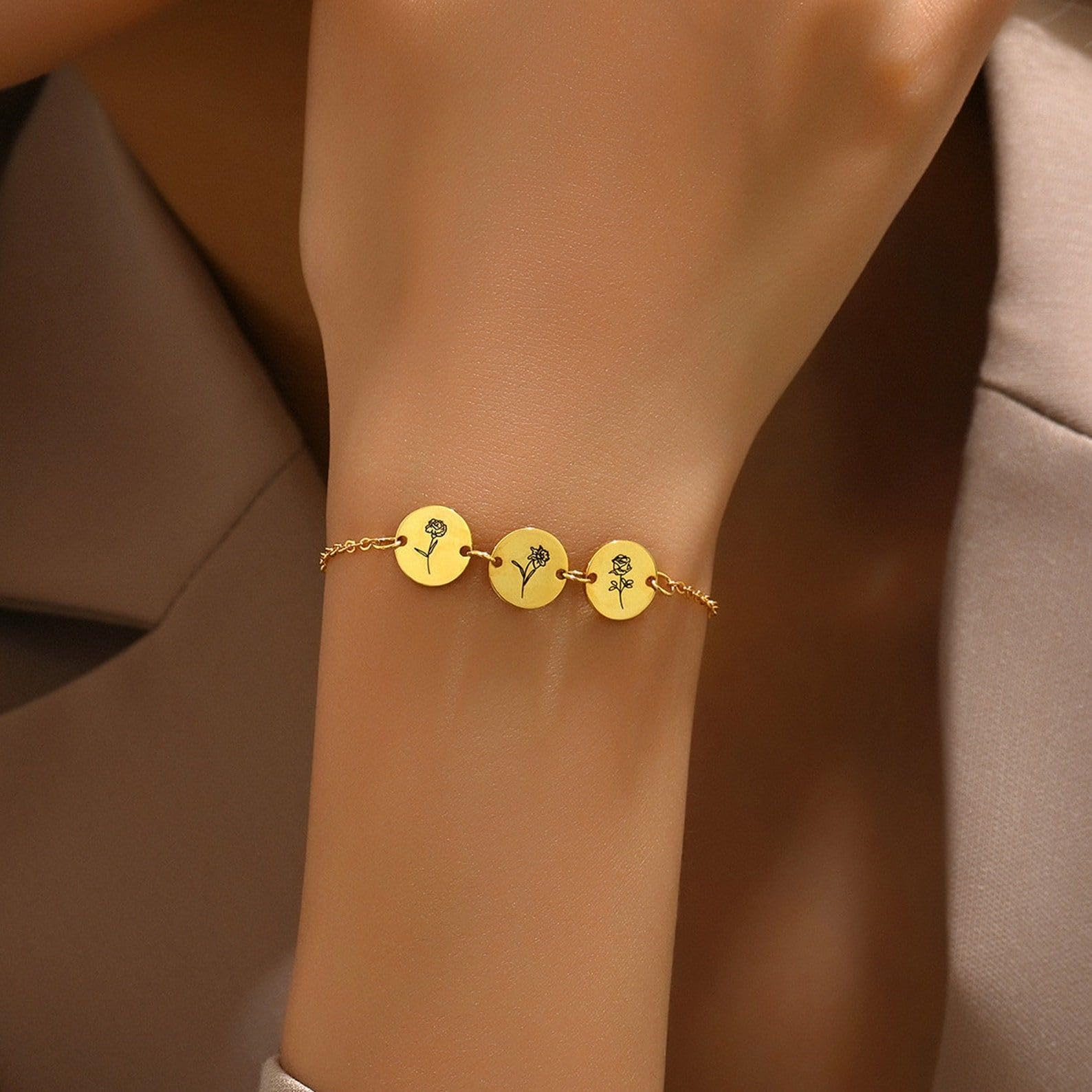 Pulsera de disco de flores de nacimiento personalizado 925 Mes de plata de ley floral original pulsera de encanto Día de la Madre dama de honor joyería hecha a mano Día de la madre
