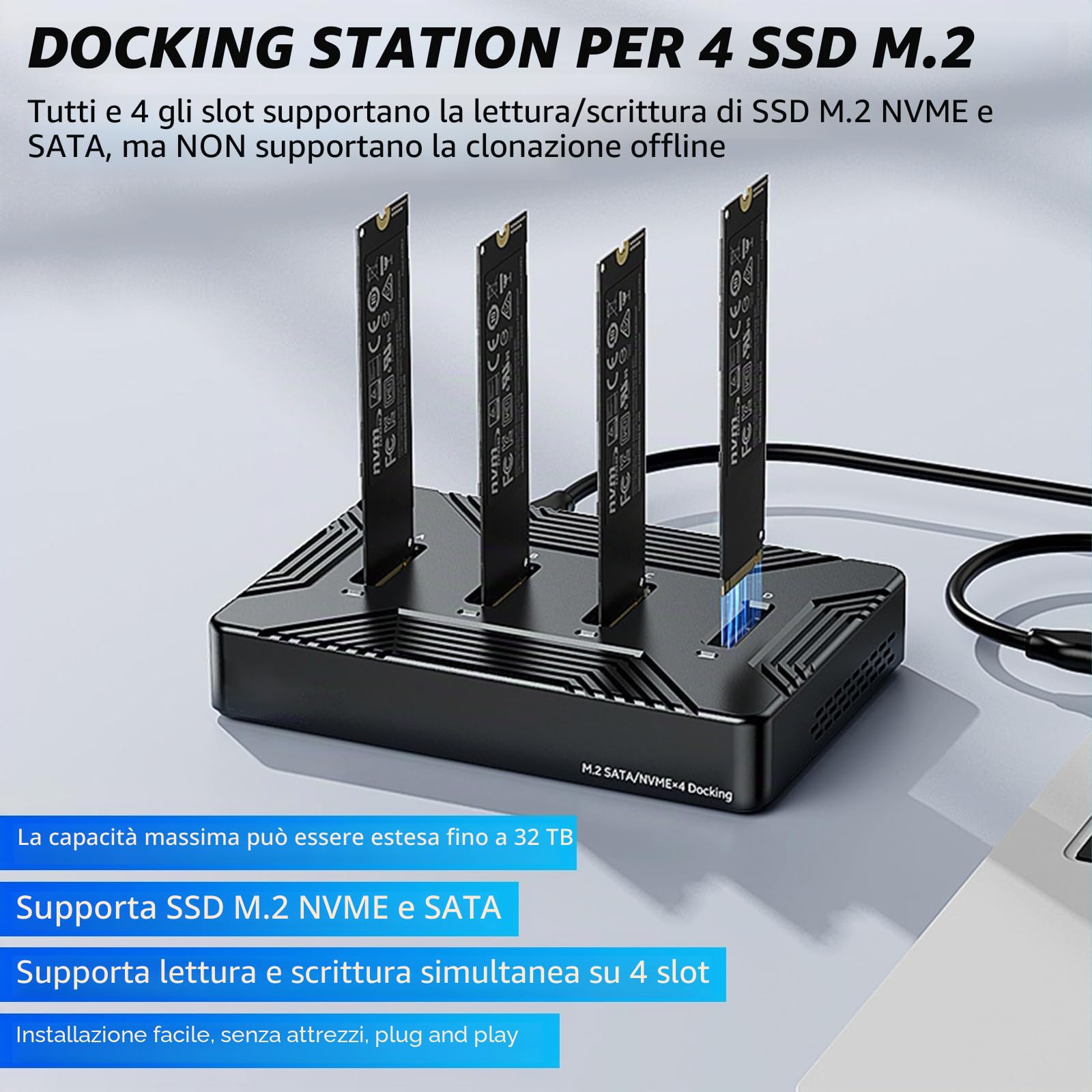 Docking Station M.2 NVME SATA SSD USB 3.2 Gen 2 10Gbps, 4 Bay | M-Key B+M Key, 2230 2242 2260 2280 SSD, Adattatore in alluminio
