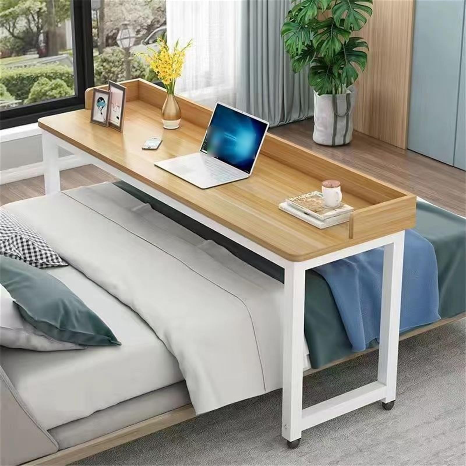 Mesa de noche con ruedas para desayuno y estudio, mesa de noche con ruedas para ocio y juegos (180 x 60 x 80 cm, nogal blanco h)