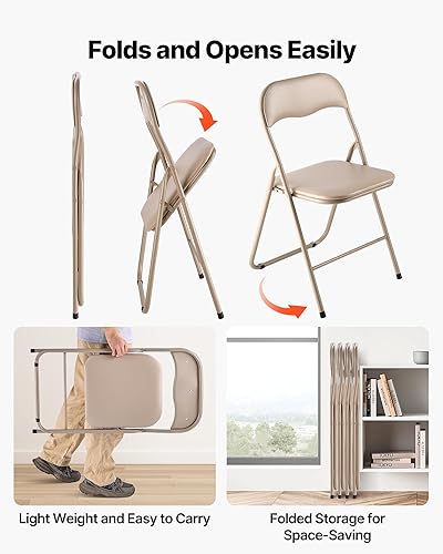 Miniatura 7 de VEVOR Paquete de 4 sillas plegables, sillas plegables de cuero con marco de metal resistente y cojín acolchado, sillas de mesa plegables portátiles