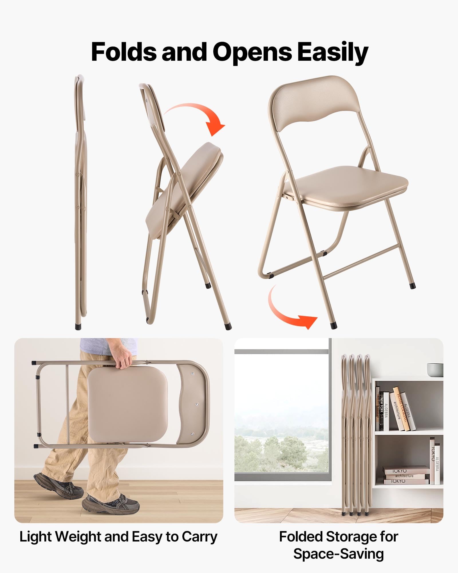 VEVOR Lot de 4 Chaises Pliantes Portables, Chaise de Salle à Manger en Cuir avec Cadre en Métal et Coussin Rembourré, Sièges Empilables pour Intérieur et Extérieur, Maison, Cour, Jardin, Fêtes, Kaki