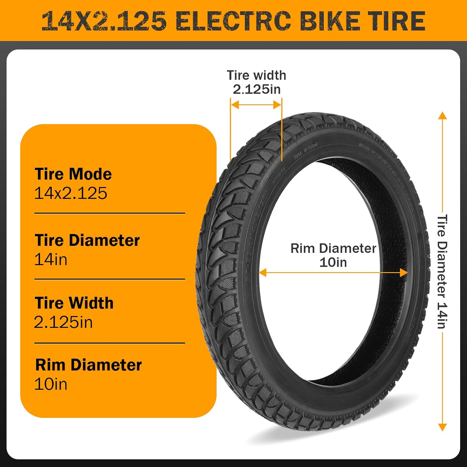 14 x 2.125 Tubeless Electric Bike Tire,14x2.125/57-254 E-Bike Tire with PVR60 Valve for 14 Inch Electric Folding Bikes,Electric Bicycles and E-Scooters