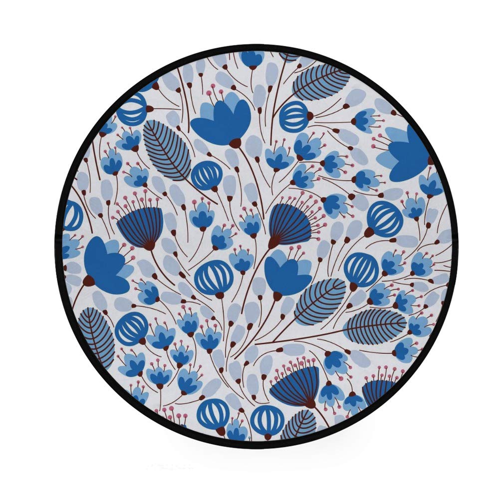 Paillasson rond extérieur et intérieur imperméable lavable bleu fleurs