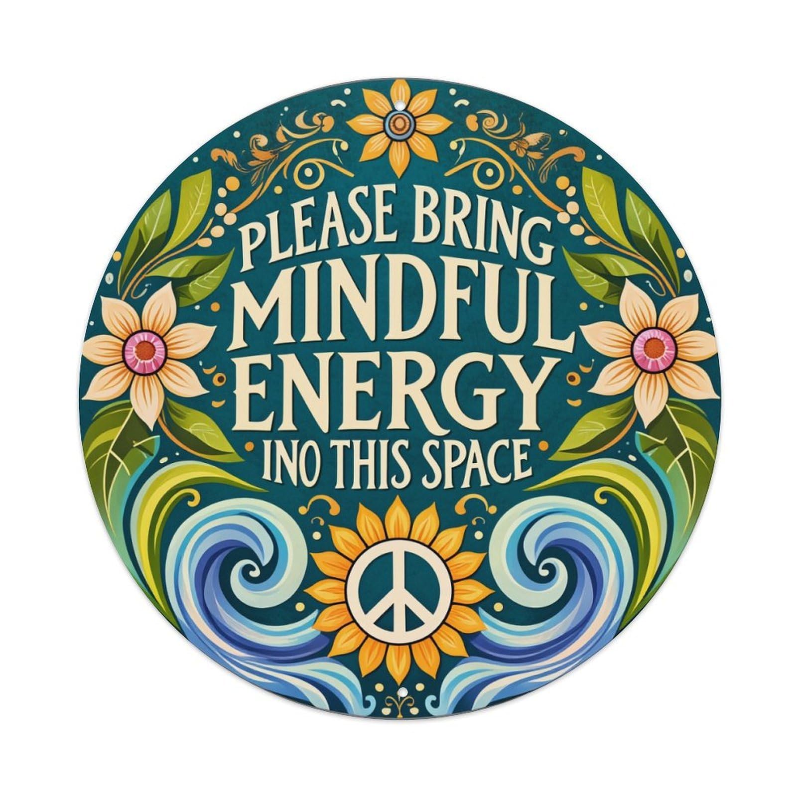 Floral Peace Sign Waves Leaves Round Tin Sign Vintage Metal Poster, Home Bar Garage Man Cave Cafe Indoor & Outdoor Wall Decoration 8x8Inches