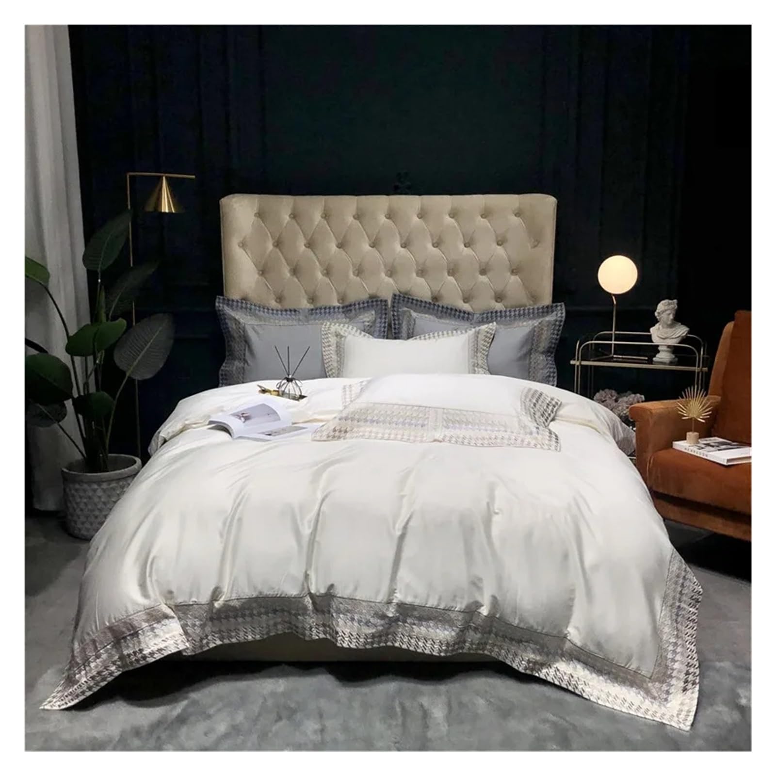 Sbcgfy Bianco Luxury Embroidery Edge Bedlinen Bedding Set King Queen Size 600Tc Cotton Duvet Cover Bed Sheet Set Pillowcases Comfortable Bedding, Bedspreads,-Queen Size 4Pcs