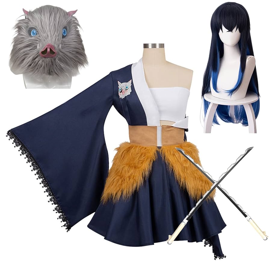 伊之助 鬼滅の刃 コスプレ 女装 刀、カツラ付き Amazon | 嘴平伊之助 コスプレ衣装 【ウィッグ付き、お面、日輪