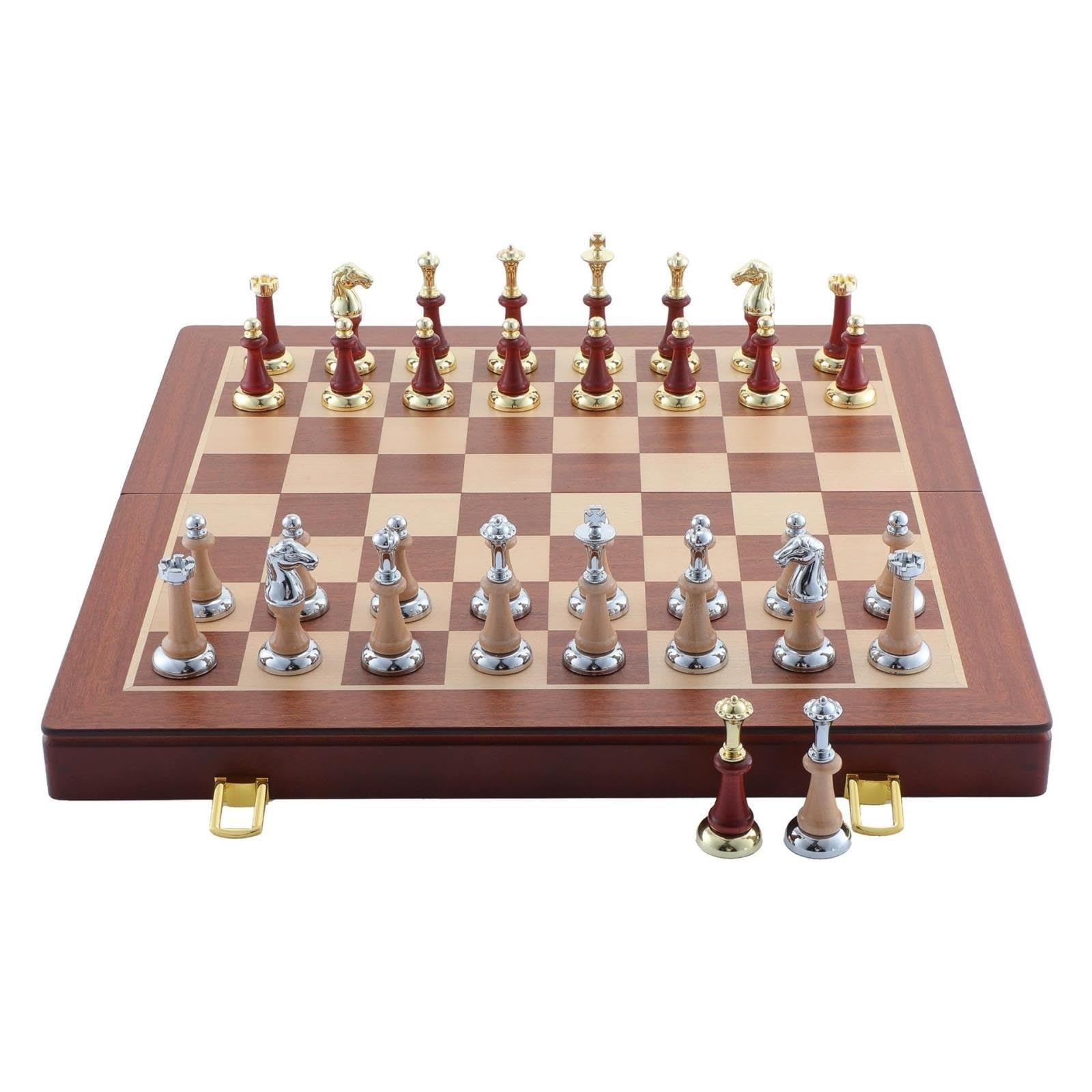 Set di scacchi pieghevoli in legno con dettagli in metallo