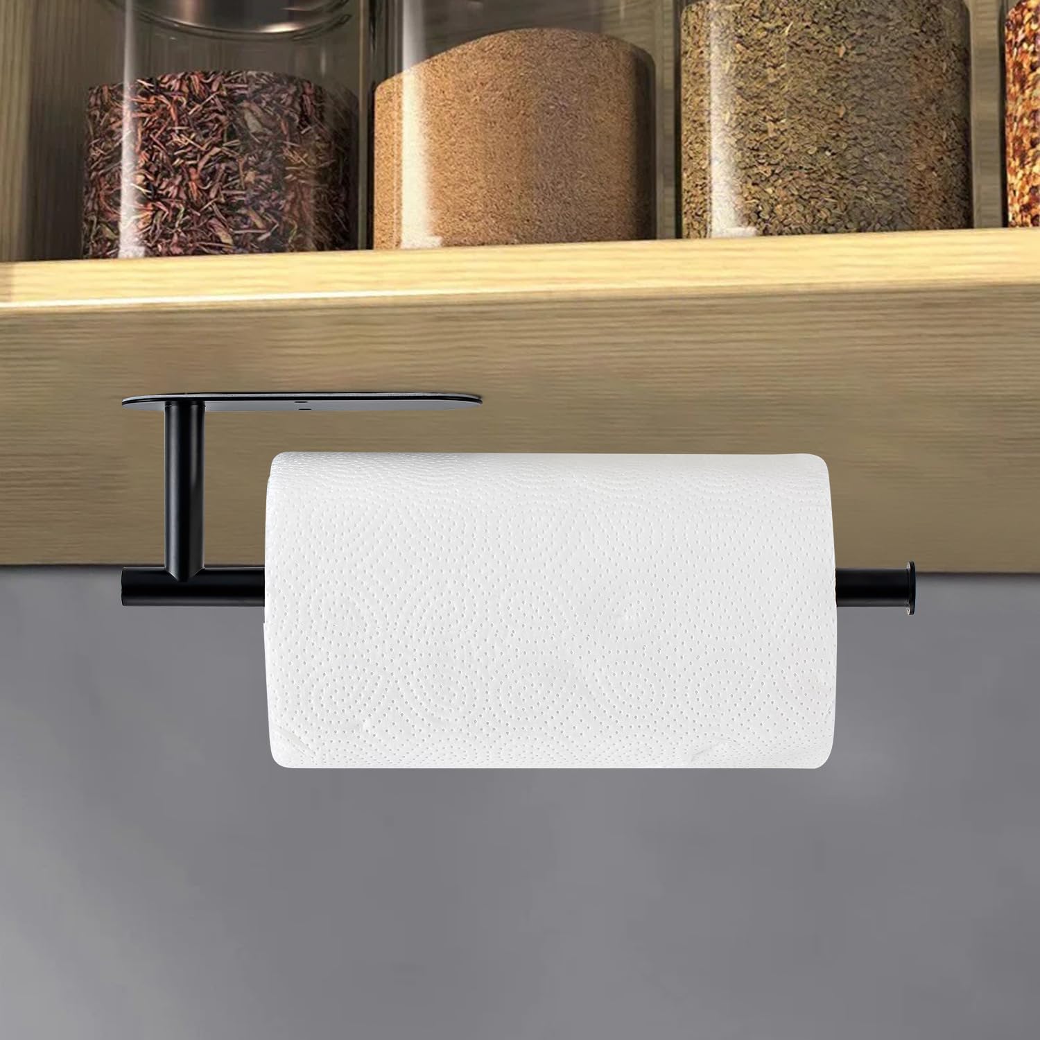Paper Towel Holder Under Cabinet, Kitchen Paper Towel Holder Wall Mount, Self Adhesive Paper Towel Bar Under Counter Hanging Tissue Roll Dispenser for Kitchen Bathroom Organize, Black