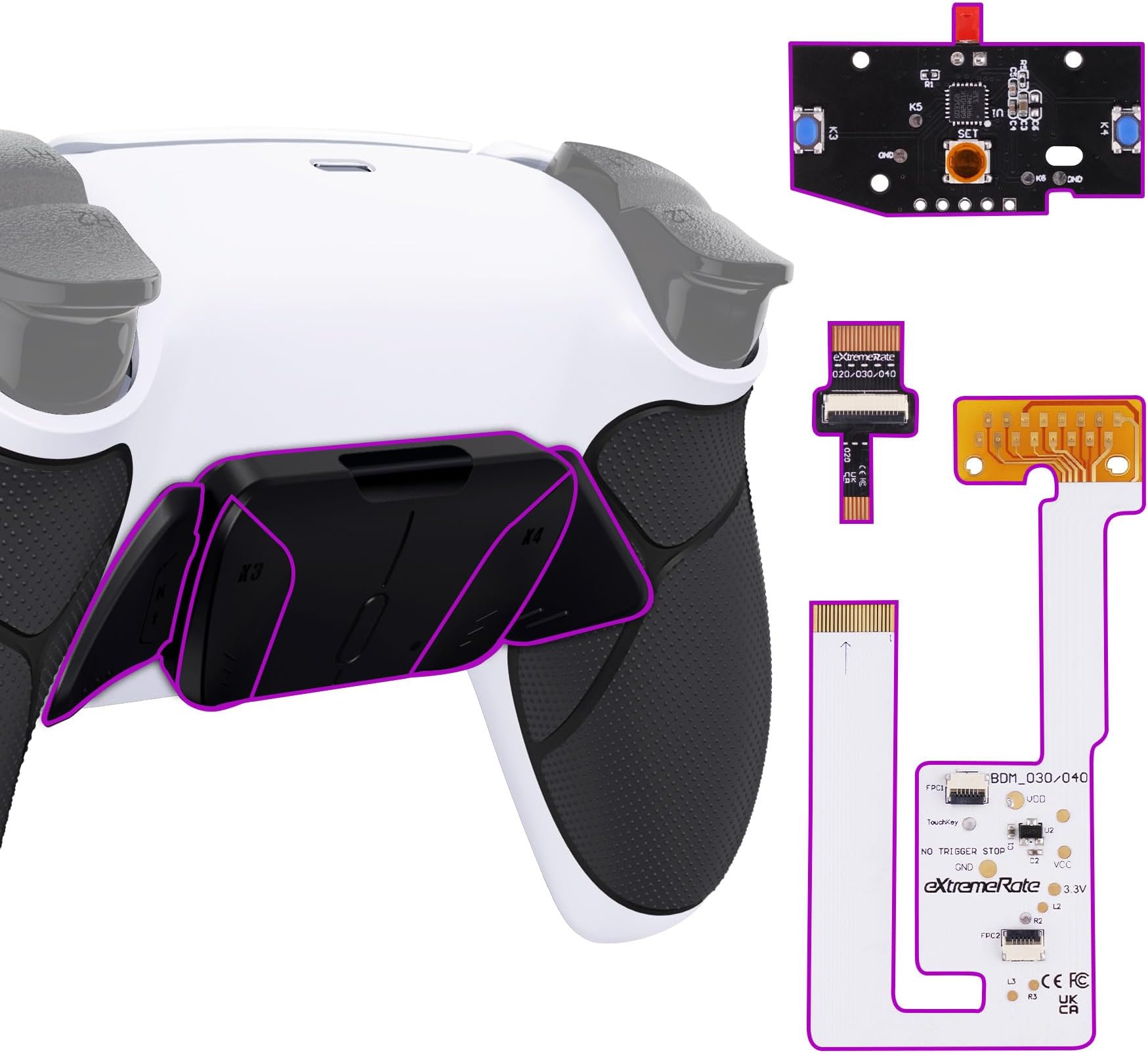 eXtremeRate Black Rubberized Grip Programable RISE4 V3 Remap Kit for PS5 Controller BDM-030 040 050, Upgrade Board White Redesigned Bottom Shell 4 Black Back Buttons for PS5 Controller - NO Controller