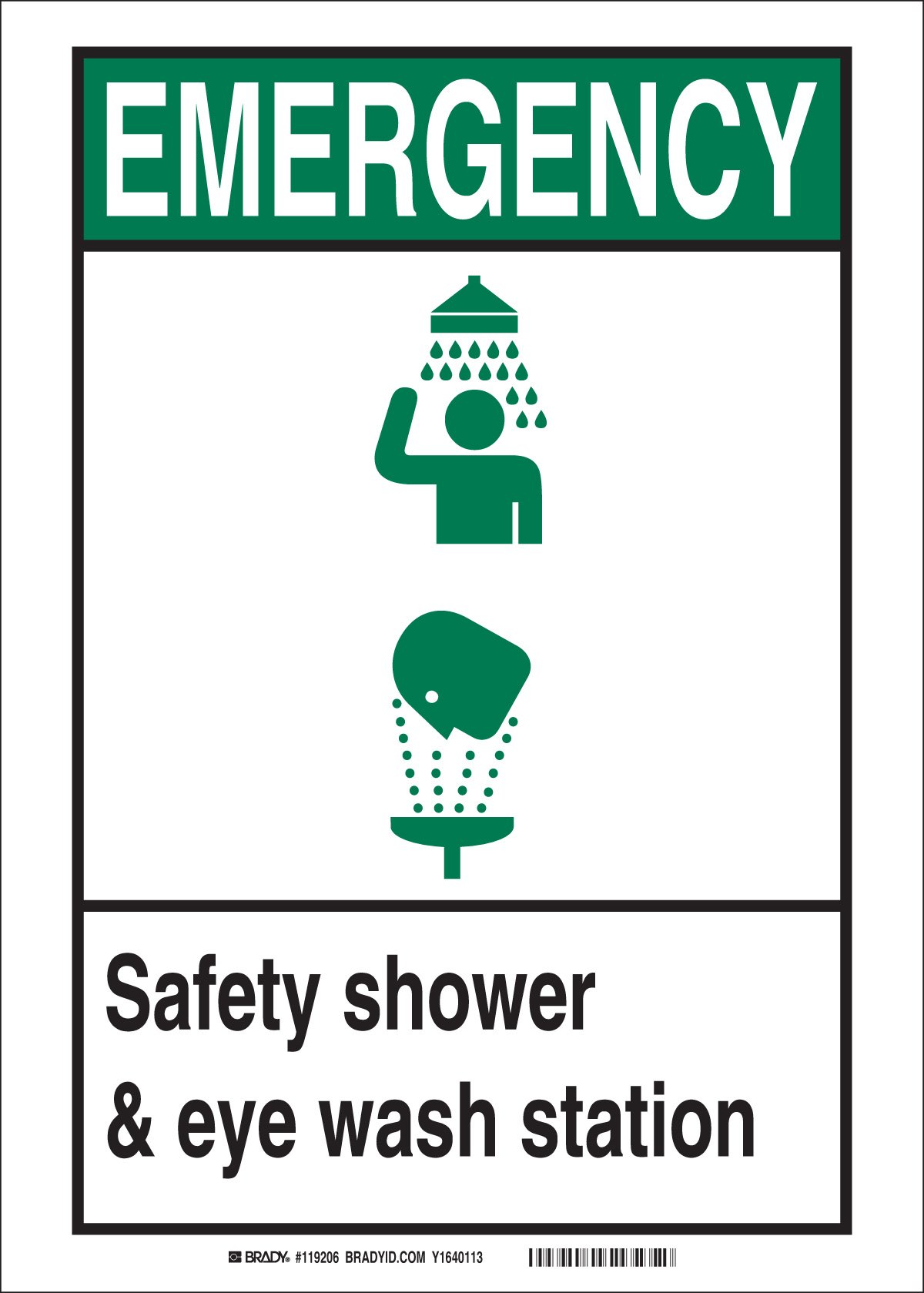 Brady119211 Aluminum "Emergency Safety Shower and Eye Wash Station" Office and Facility Sign, Black/Green/White