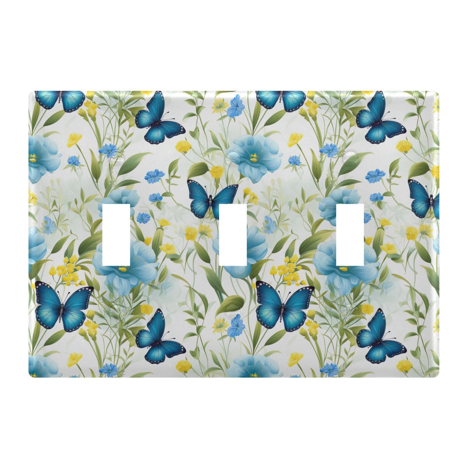 Light Switch Cover Blue Butterfly Floewr Spring Wall Plates for Electrical Outlets 3 Gang 202b3298