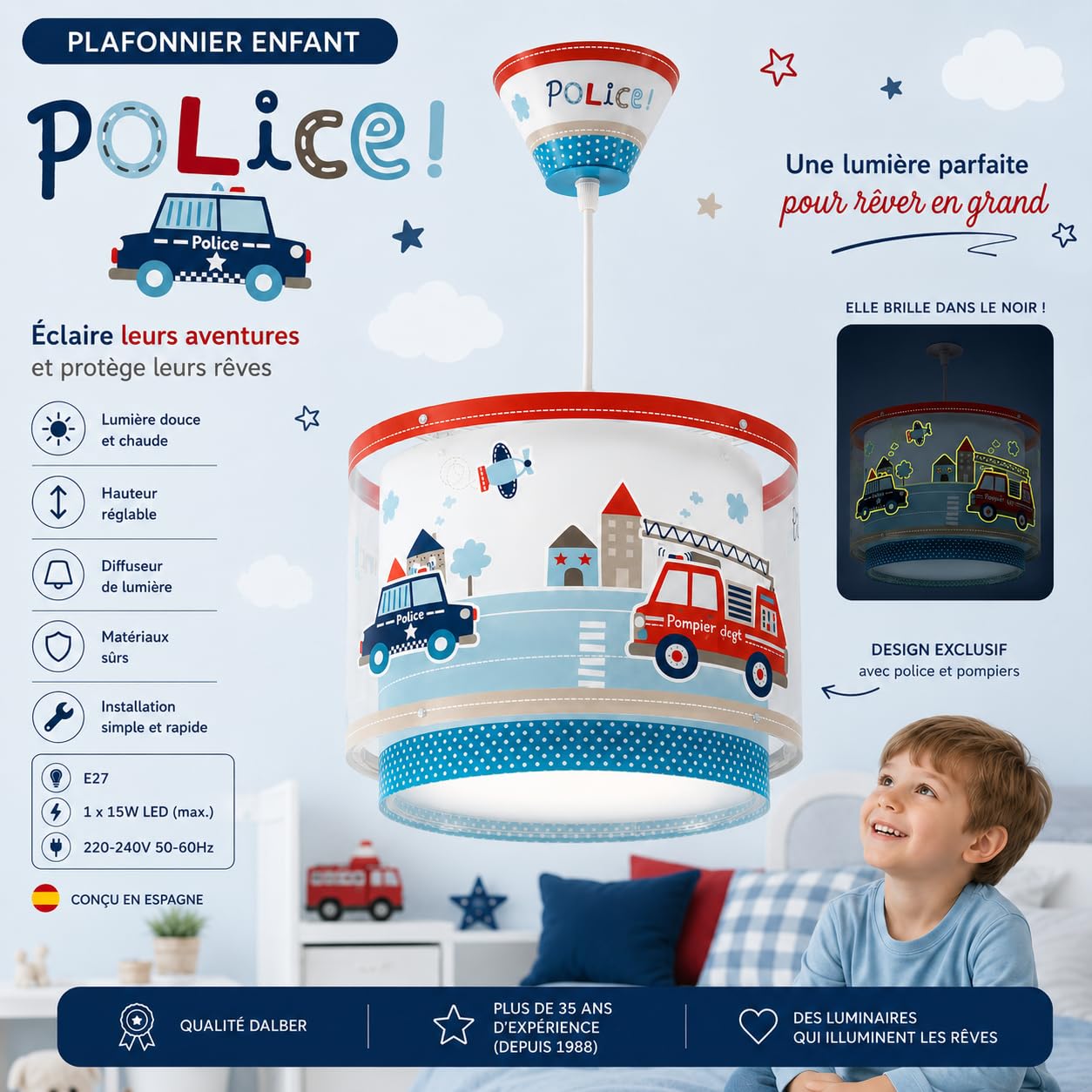 Dalber Lustre Chambre Lampe Suspension Plafonnier Pour Enfants, Police et Pompiers, Brille dans la Nuit, Blanc, 60612M, E27