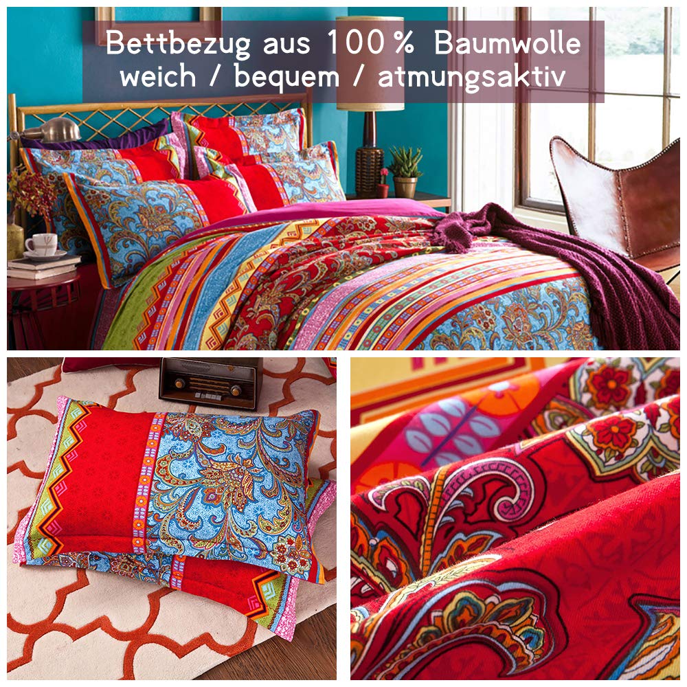 Lanqinglv 4-częściowy komplet pościeli w stylu boho, 135 x 200 cm, czerwono-niebieska, indyjska mandala, pościel dwustronna, z zamkiem błyskawicznym i poszewką na poduszkę, 80 x 80 cm (QCHX)