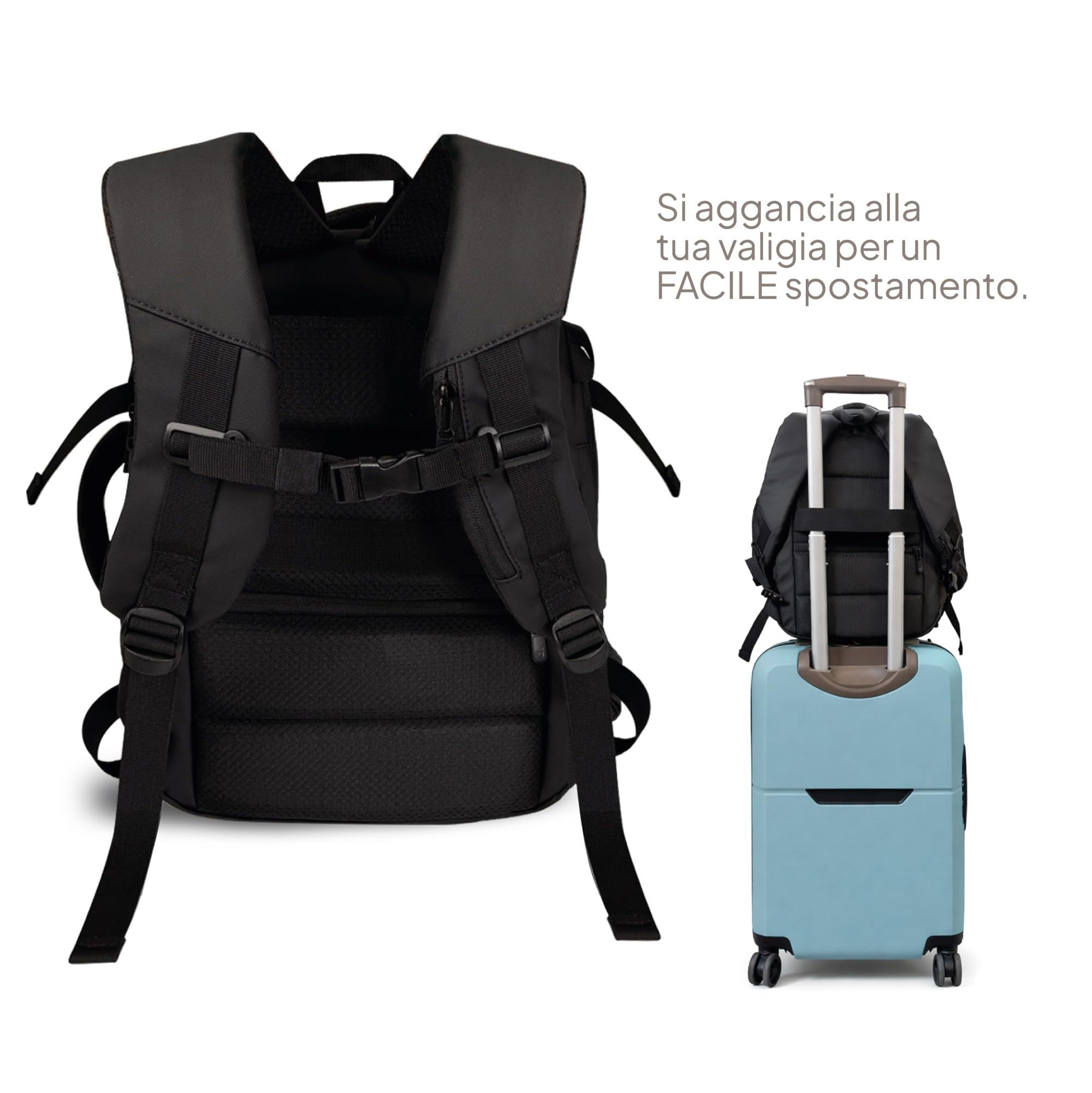 OcioDual Zaino da Viaggio 40x30x20 cm, Bagaglio a Mano Sottosedile, Zaino Cabina con Capienza Regolabile 40x30x17-20 cm, Scomparti Organizzati, Unisex, Nero