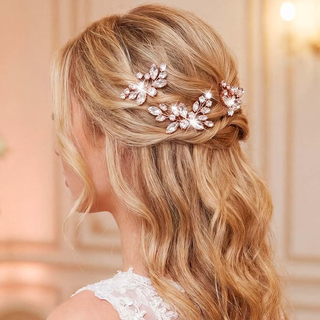 rose gold wedding dress accessories Unicra Crystal Hair Pins Rhinestone Hair Pieces Bridal Hair for Brides and Women Pack of 3 (Rose Gold) : Beauty & Personal Care blush pink dress accessories
