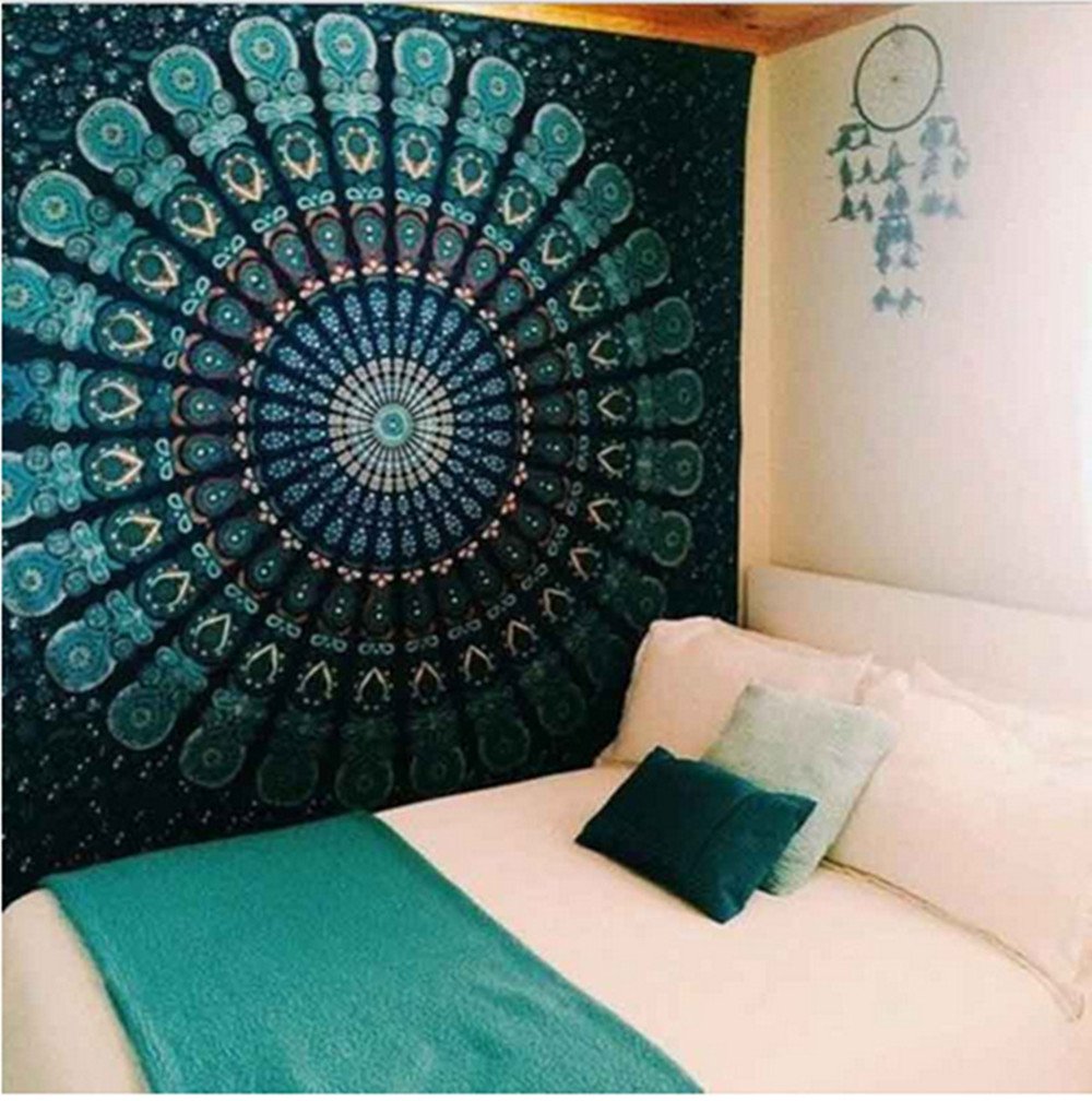 Indian Elephant Tapestry, Hippie Tapestries, Tapestry Wall Hanging, Indian Black & White Tapestry , Bohemian Dorm Decor Mandala Tapestries (150*130CM（60*51inch, P-Green)
