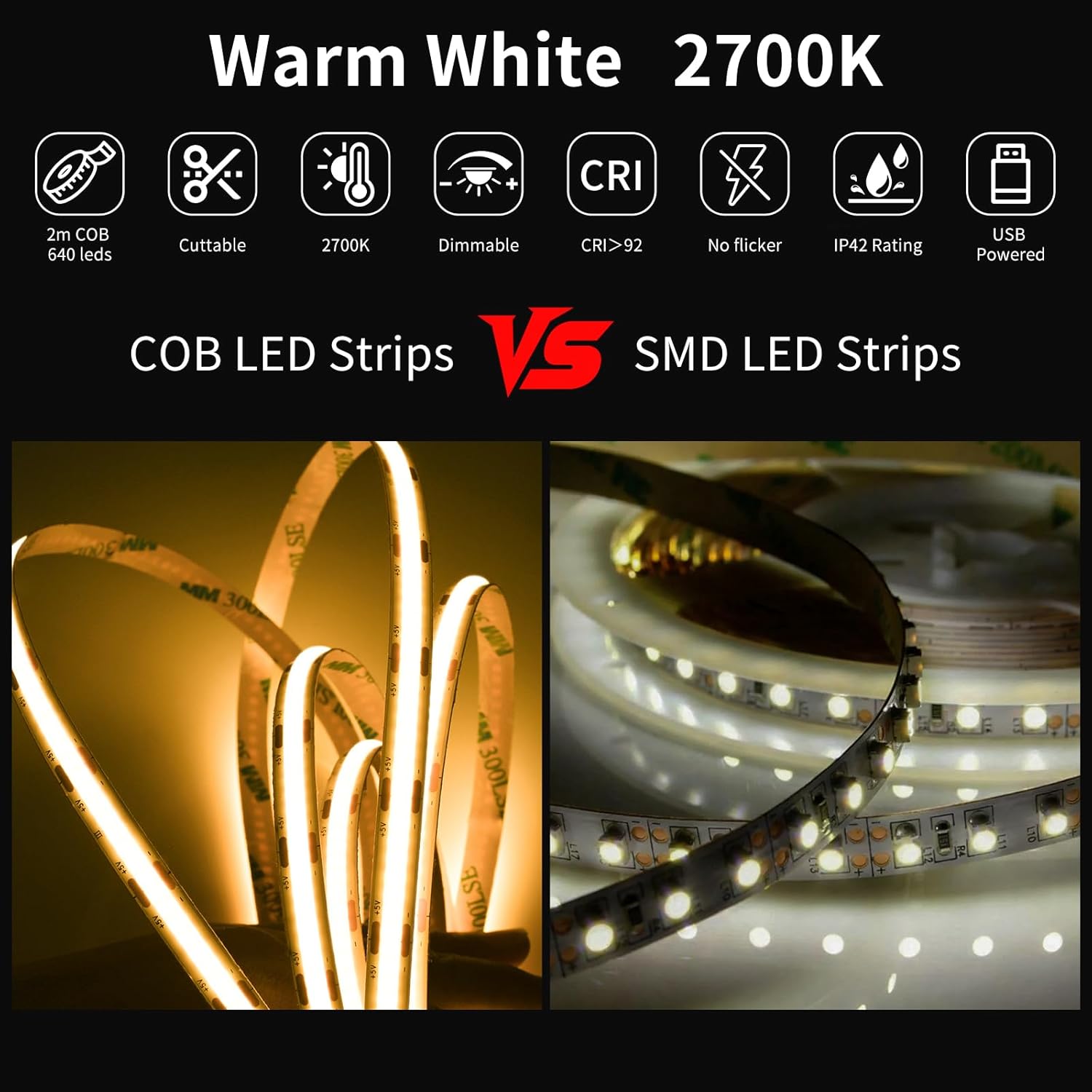 Meliya COB LED Strip Light, 5V USB LED Strip Light, 6.6ft Bright Daylight White Flexible Dimmable Light Strip for Display Cabinet, Living Room, TV Cabinet, Mirror, Kitchen Cabinet, Bedroom