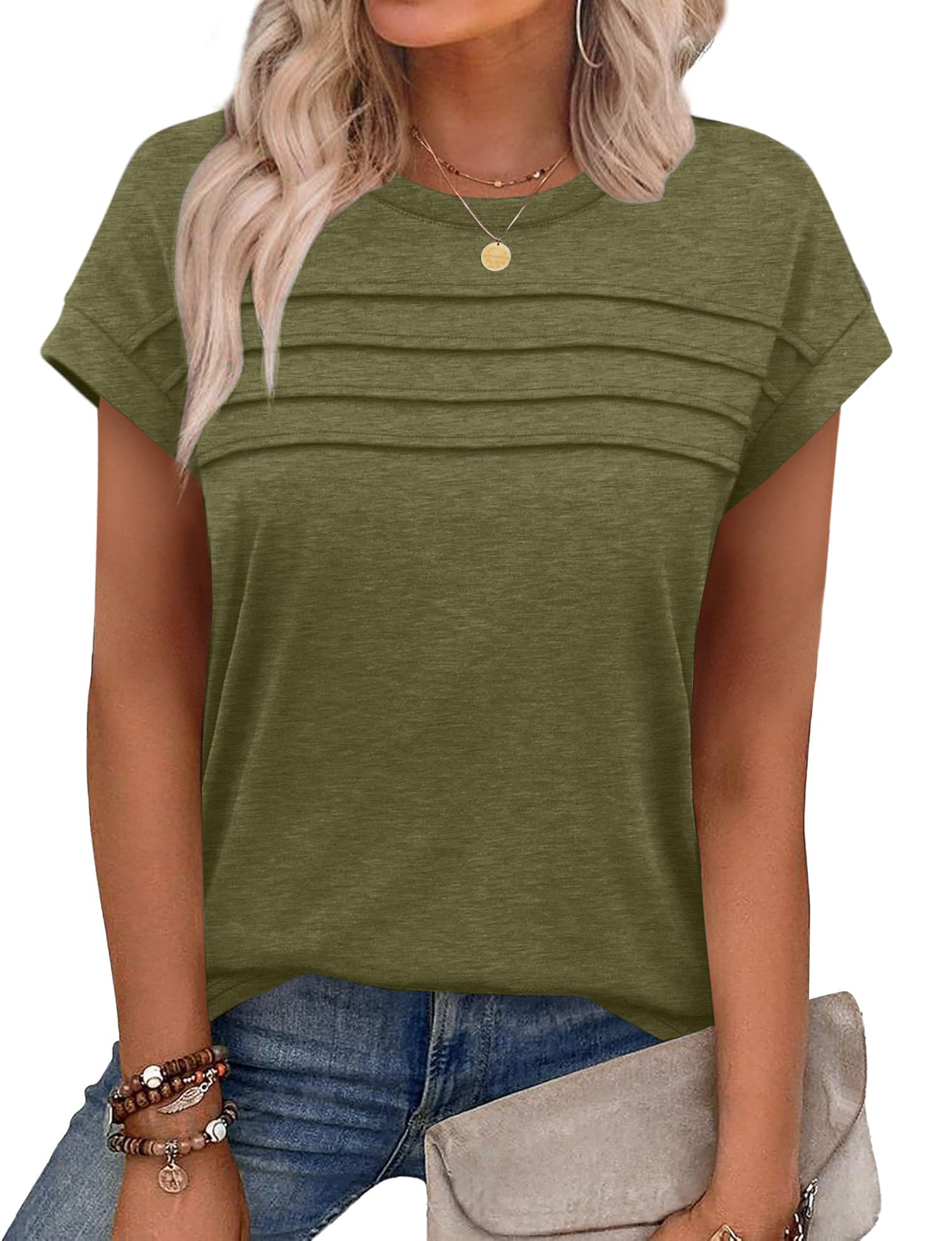 Chicrise Women’s T-Shirt, Summer, Cap Sleeves, Pleated Tank Top, Crew Neck, Sleeveless, Basic Top, Casual, XXL