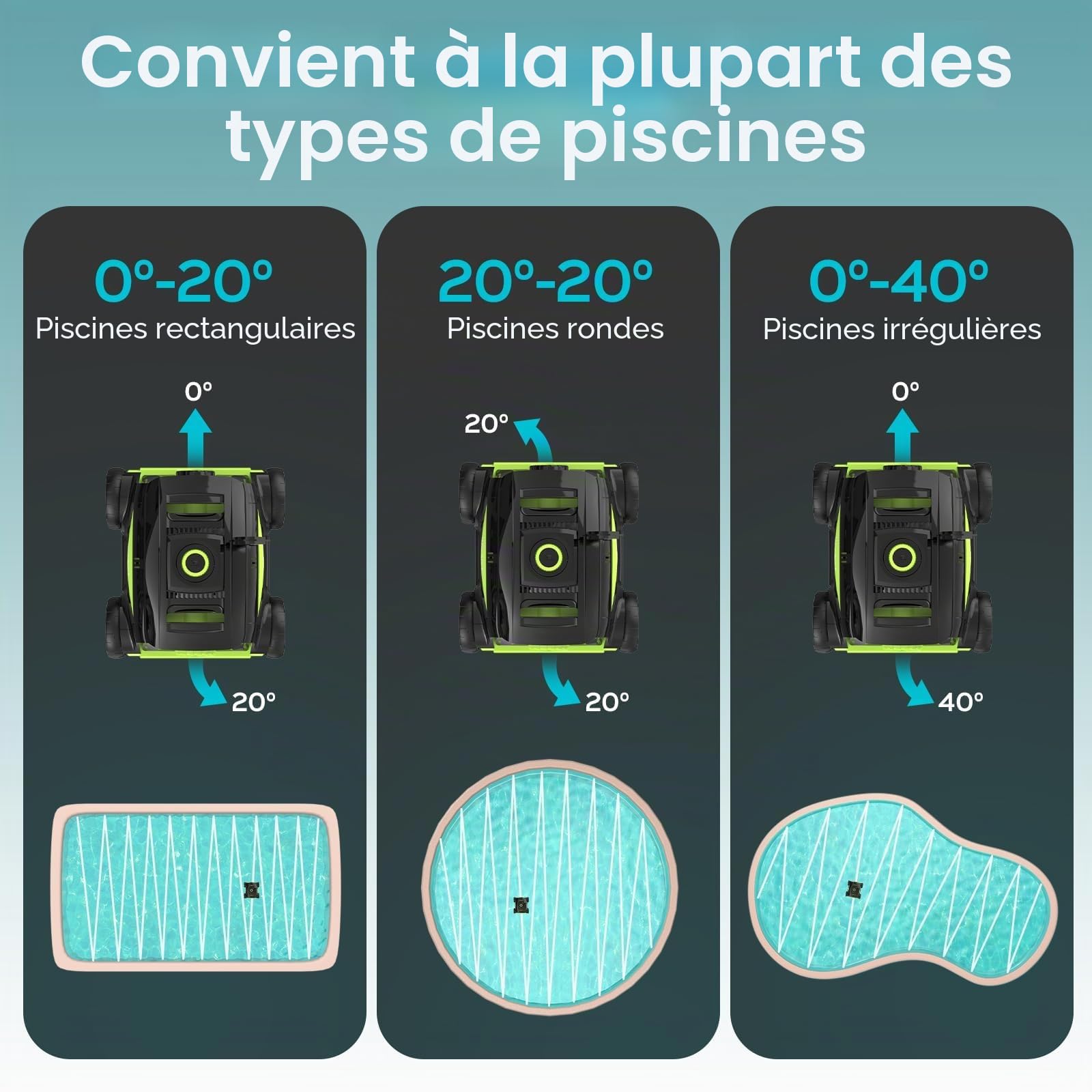 WINNY POOL CLEANER Winny 300II Robot Piscine, Aspirateur Piscine sans Fil avec Batterie,120 Min,LED,Stationnement Automatique,Nettoyeur de Piscine pour Piscine Hors-Sol 100m²-Noir Vert