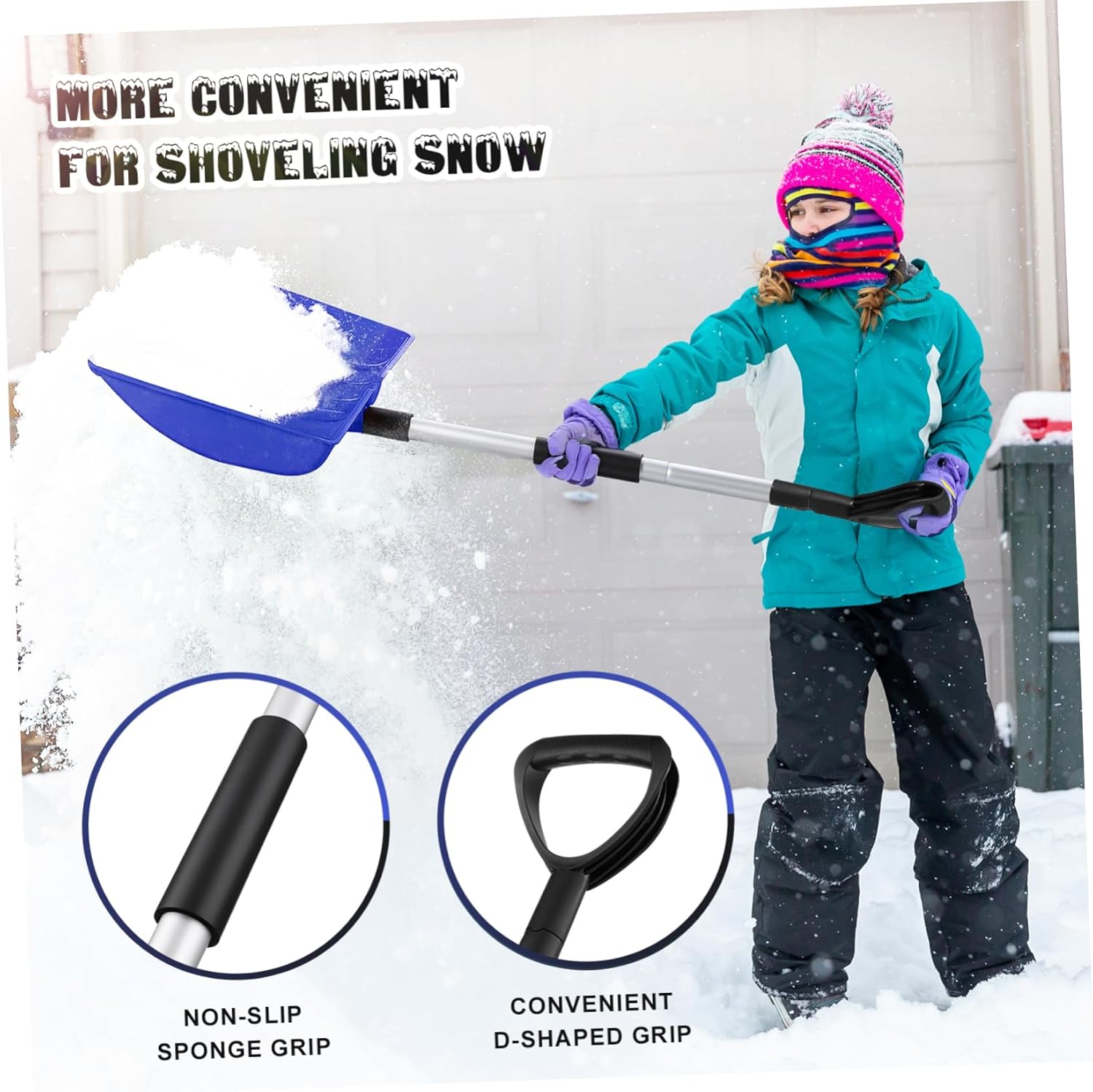 Yardwe Large Snow Shovel Adjustable Aluminum Handle Heavy-Duty Snow Remover Tool for Driveway and Outdoor Activities and Ice Scraping Blue