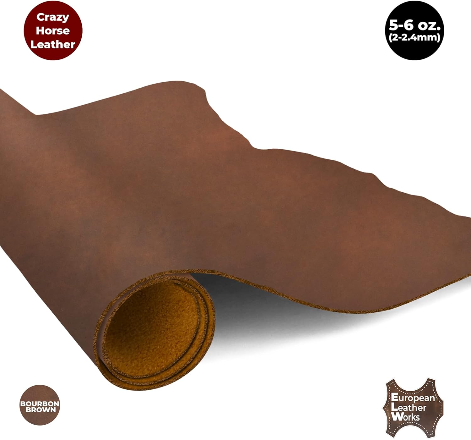 ELW Crazy Horse Leather 5-6 OZ (2-2.4mm) | Bourbon Brown | Pre-Cut 4-6 SQ FT | Full Grain Cowhide Handmade Leather for DIY, Crafts, Sheaths, Sewing, Workshop
