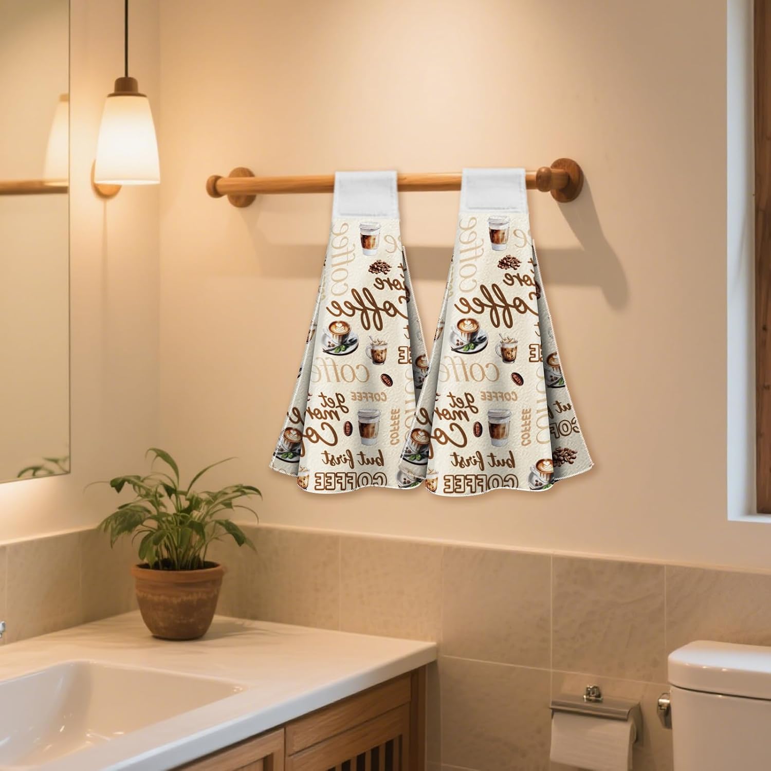 CUTHOLLOW Coffee Retro Hanging Kitchen Towels with Loop, Set of 2 - Soft & Super Absorbent Microfiber Decorative Hanging Dish & Hand Towel, Tea, Coffee Towel for Kitchen Bathroom Oven Handle