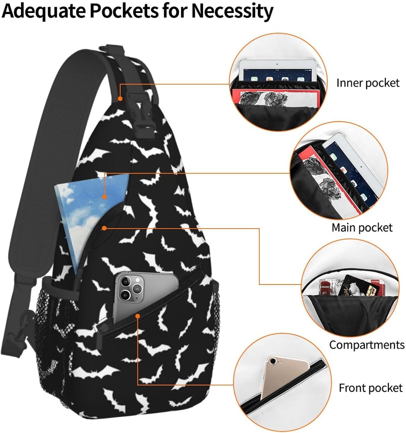 Bat Sling Bag for Women Crossbody Bag Swarm of White Flying Bats Silhouettes on Black Background Sling Backpack for Men Cool Animal Print Shoulder Bag Gym Sports Travel Hiking Daypack - Image 3