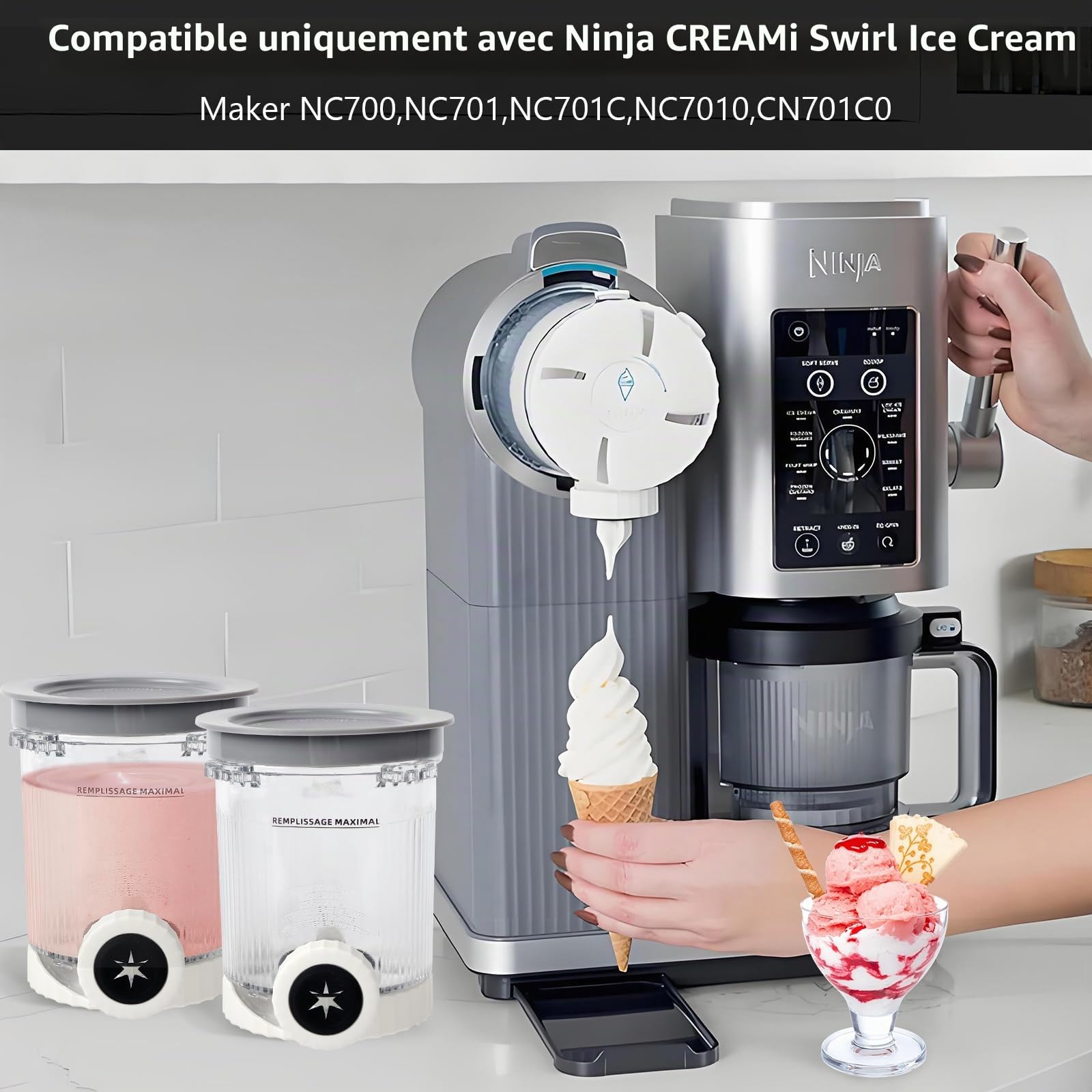 Lot de 2 récipients de 480 ml pour pintes Ninja Creami Swirl et couvercle, Compatible avec NC700 NC701 Série Ninja Creami Swirl Pintes, Sans BPA et passe au lave vaisselle
