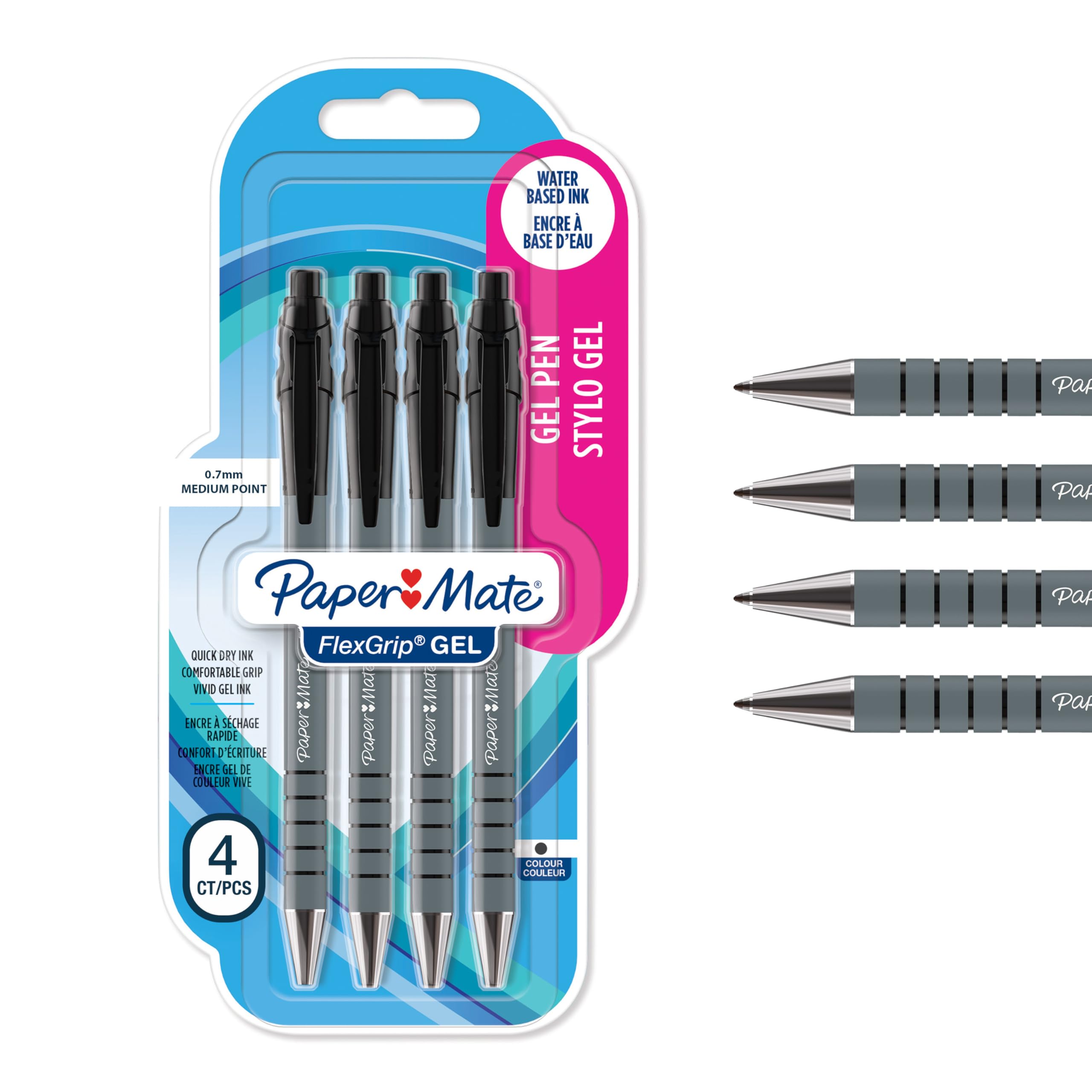 Paper Mate FlexGrip Gel Pens | Medium Point (0.7 mm) | Black Ink | 4 Count