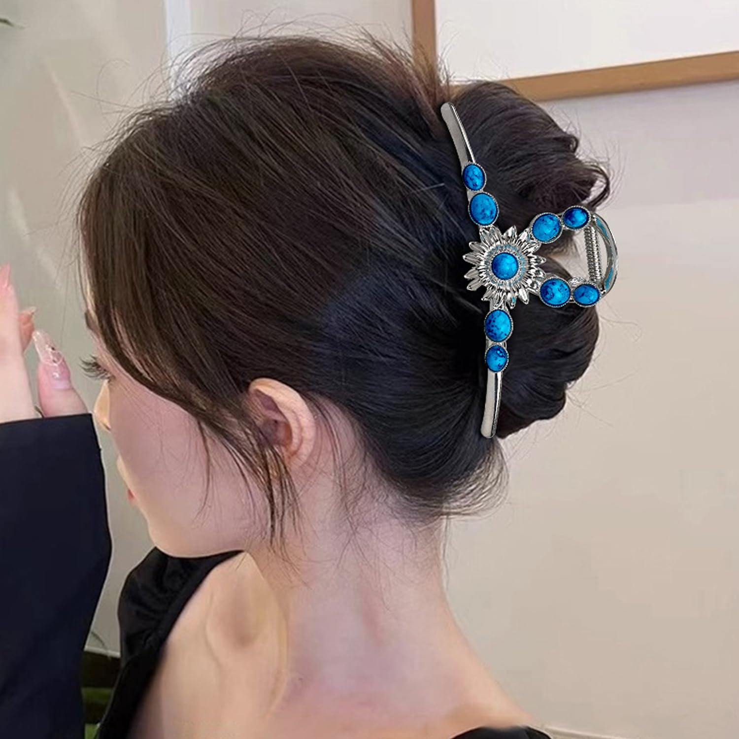 Pinzas grandes de metal para el pelo de 4.5 pulgadas, piedra turquesa plateada, flor del sol, pinza occidental para cabello fino y rizado
