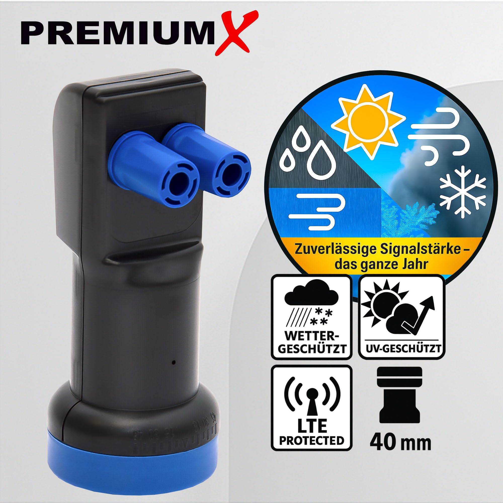 PREMIUMX Twin LNB PXL Tête de réception T LED Full HD HDTV SAT 0,1 dB pour 2 utilisateurs 3D 4 K High Quality avec protection météo