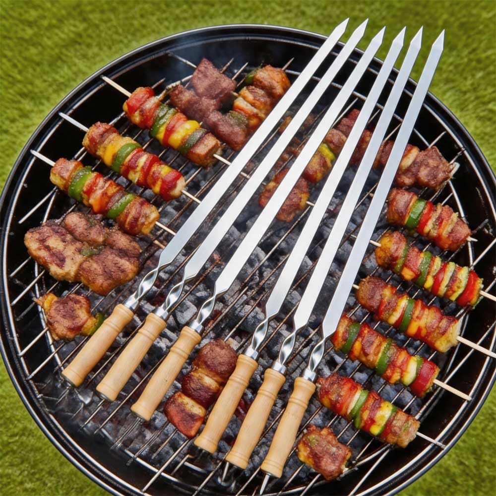 6 spiedini lunghi in acciaio inox con manico in legno (60 cm di lunghezza, 6 pezzi con manico in legno)