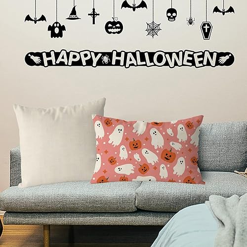 Miniatura 4 de Fundas de almohada de Halloween de 12 x 20 pulgadas, diseño de calabazas fantasmas, de lino rosa, para interiores y exteriores, decoración de sofá