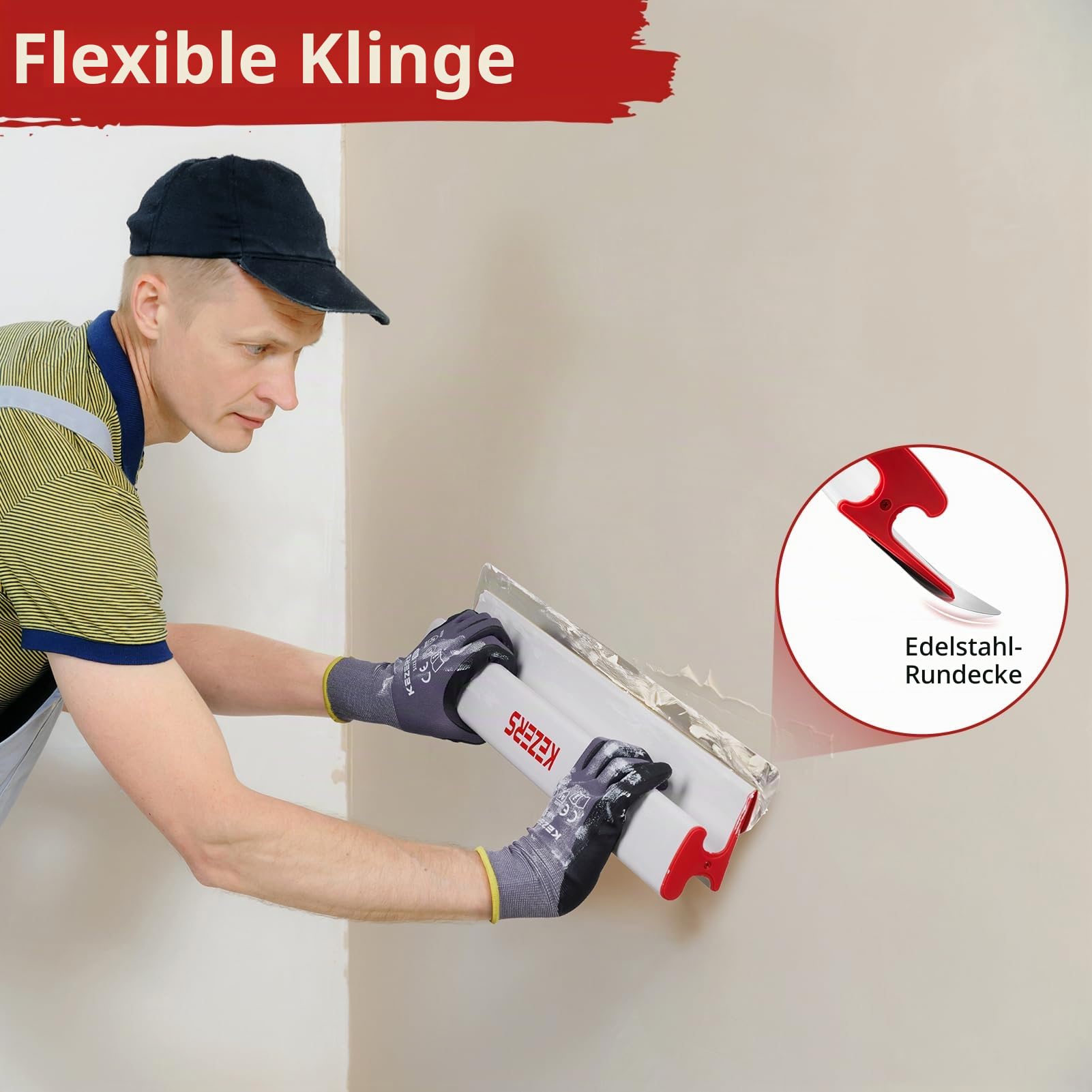 KEZERS Flächenspachtel Set, 20 cm, 30 cm, 40 cm & 80 cm Edelstahlklinge Spachtel Werkzeug mit Teleskopstange und Adapter, Spachtel Set mit Koffer für große Arbeitsbereich Wand Dekoration Bau