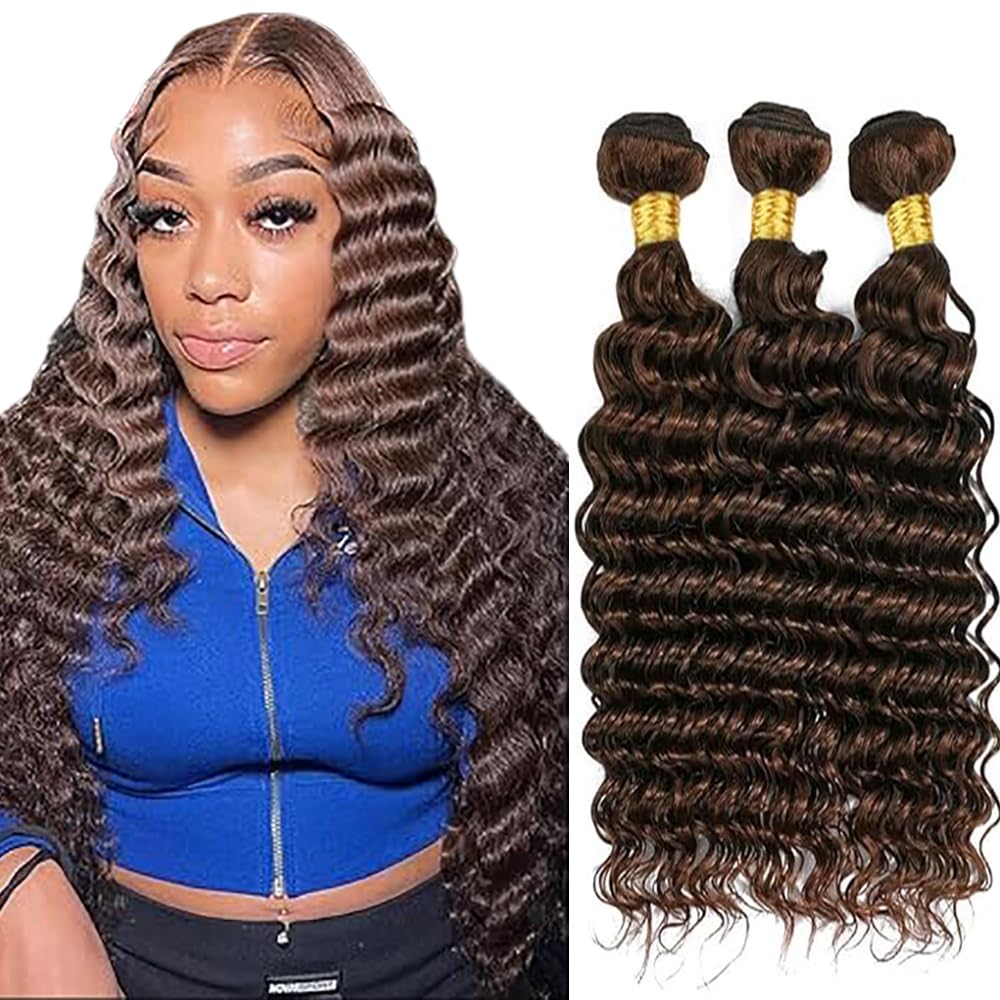 Shoaiye Deep Wave #4 Chocolate Brown 26 28 30 Inch Bundle Human Hair Weave 3 Bundles Total 300g Unprocessed Remy Virgin Double Weft Human Hair Extension