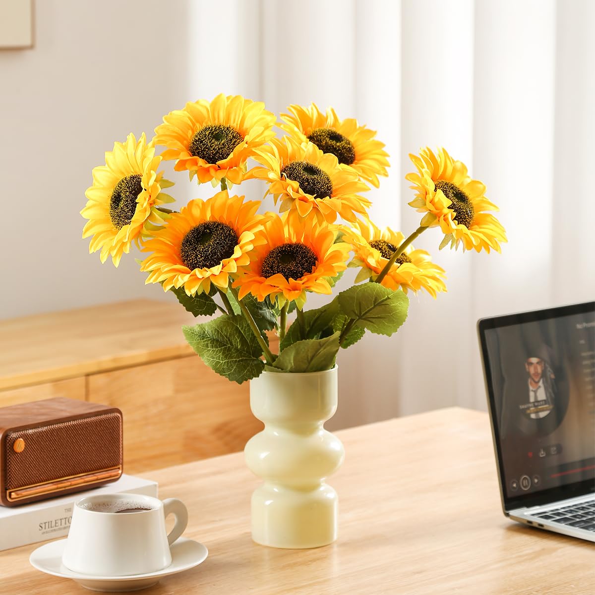 Laelfe 8 Piezas Girasoles Artificiales Grandes, 45 cm Flores Girasoles Amarillas de Plástico para Decoración de Hogar, Arreglos de Bodas, Fiestas de Cumpleaños y Mesa
