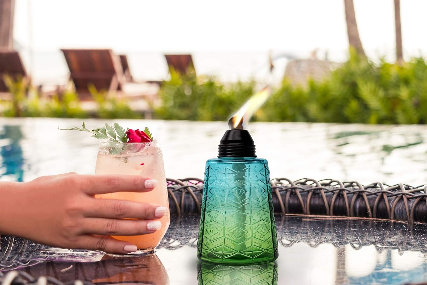 Contemporary Tiki Culture Glass Torches for Your Table or Patio with Many Colors to Choose from. Set of 3 Torches. Exclusively from Backyadda. (Spring Green, Crimson, Caribbean Blue) - - 