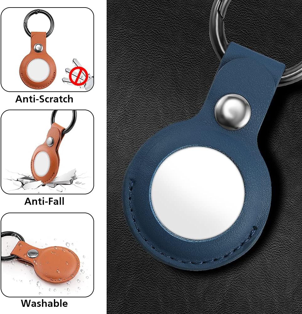 lokyoo protective case for airtag 2021 2 pack pu leather tracker holder with key chain easy carry airtag cover for keys backpacks liner bags blue