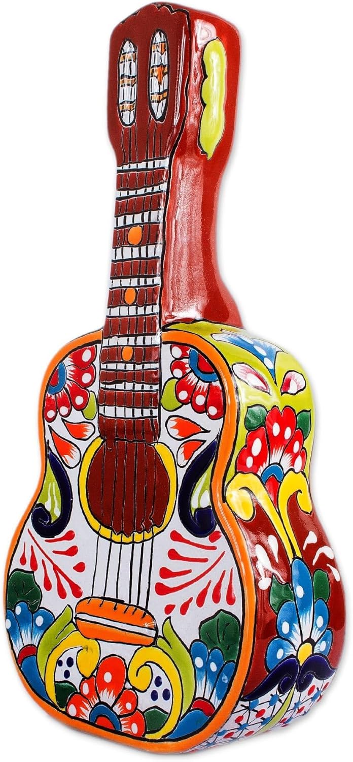 NOVICA Artisan Handmade Ceramic Sculpture Talaverastyle Guitar from Mexico Multicolor Cultural Painted Hacienda Folk Art [13in H x 6in W x 3.1in D] ' Talavera Guitar'