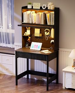 Gurexl Computertisch mit Steckdosen & Schiebelichter LED-Beleuchtung,80 cm Schreibtisch mit Glastür und Lagerschrank,Gaming Tisch mit Stecktafel,für Büro, Arbeitszimmer,Büroarbeit,Studie,Schwarz