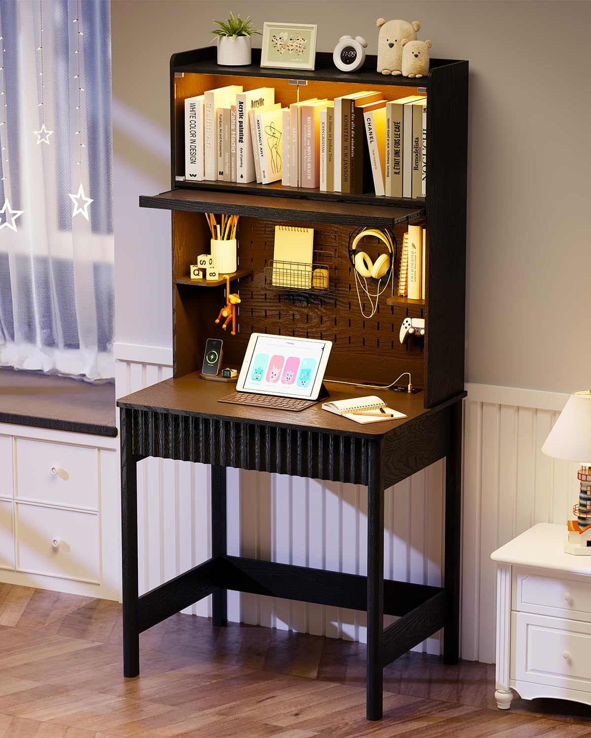 Gurexl 170 CM H Office Desk with 2 Socket and Drawable Lamp for Study,Black