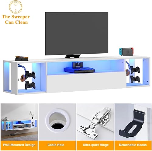 Miniatura 4 de SogesPower Soporte de TV flotante con luces, centro de entretenimiento flotante montado en la pared, soporte de TV LED con almacenamiento para sala